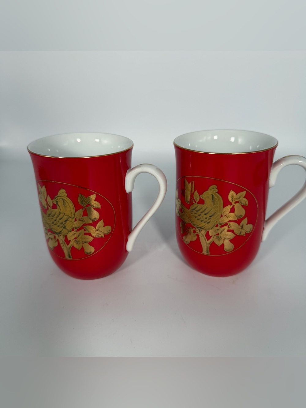 Vintage Otagiri Japan Gibson Red Gold Floral Bird Mugs 8 Oz Set of 2